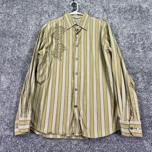 Express Shirt Mens Large Beige Striped Long Sleeve Button Up Paisley Embroidered